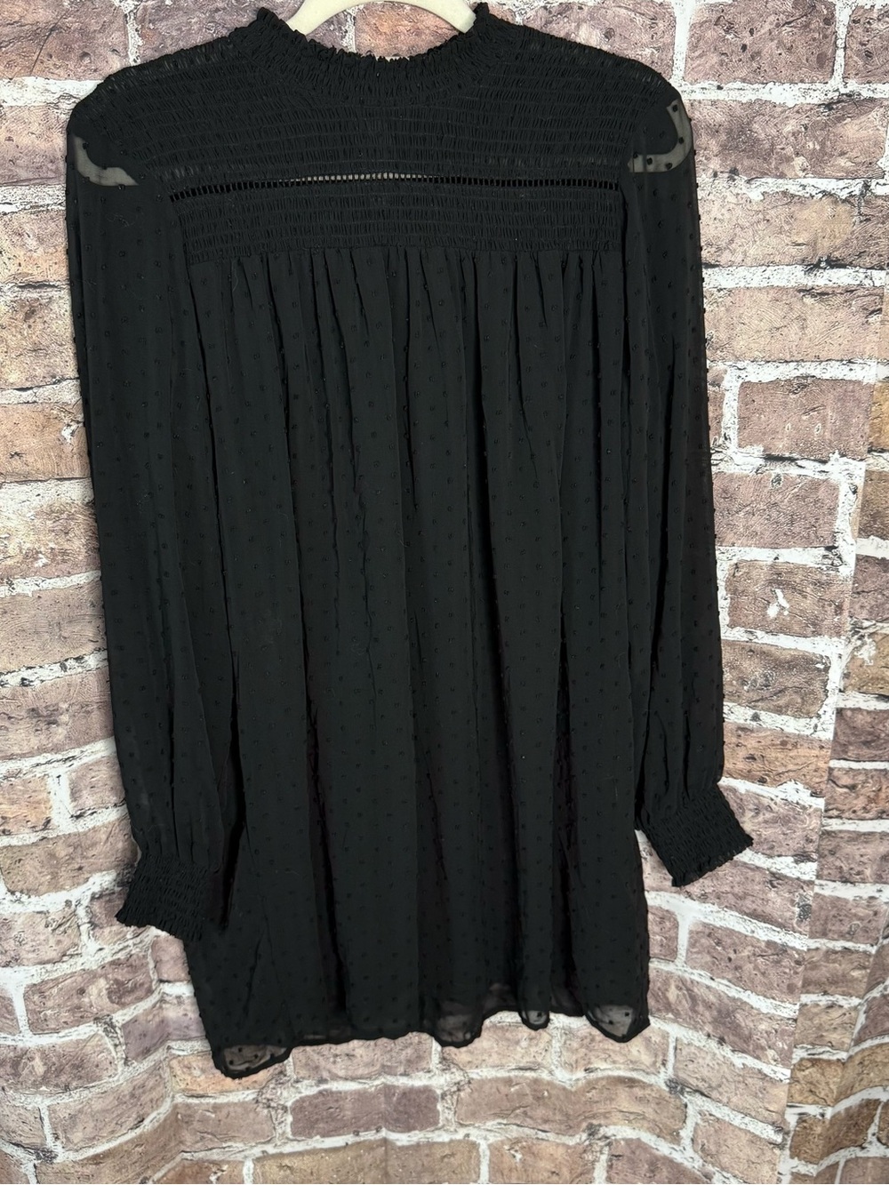 Zara Basic Dress Womens Large Black Swiss Dot Smocked High Neck Long Sleeve